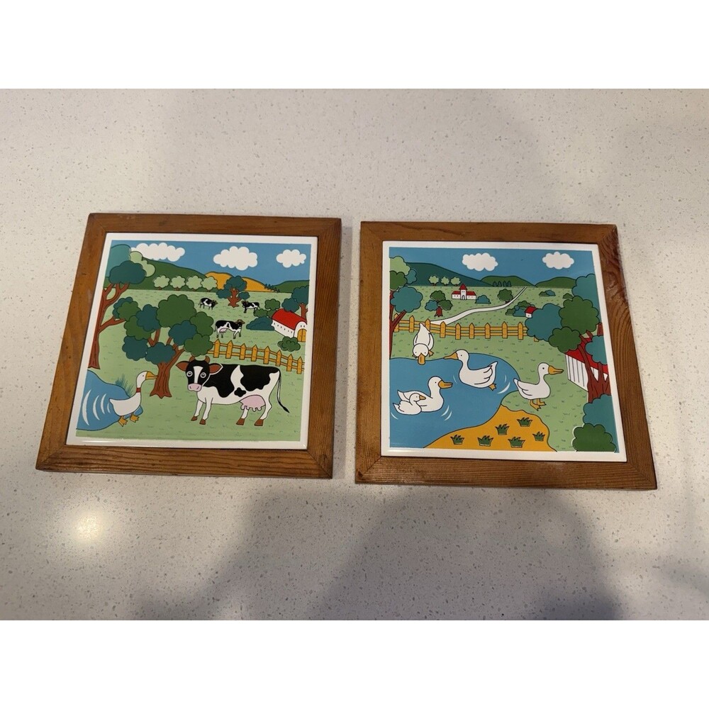 2 Vintage Tile Framed Cow And Duck Trivets Wall Decor Country Farm Cottagecore